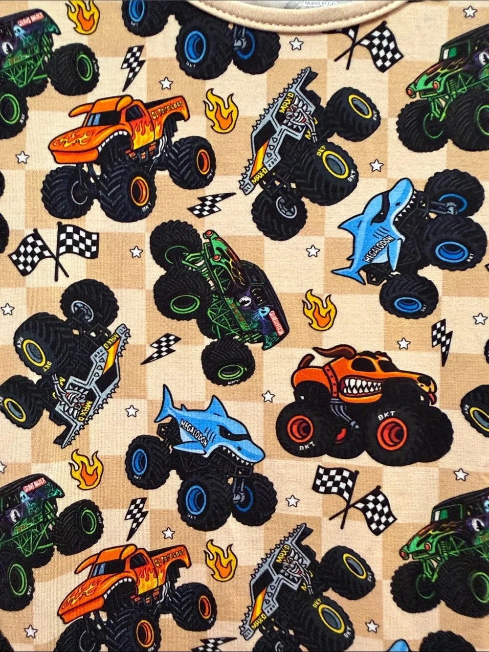 Kids Beige Bamboo Monster Truck Short Pajama Set size 5-6 NEW